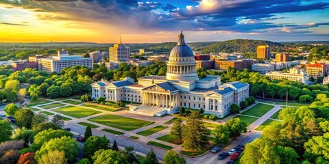 Obraz premium Majestic View of the Arkansas State Capitol Building Surrounded by Lush Greenery and Blue Skies