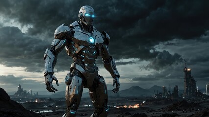 A menacing robot standing against a backdrop of destroyed cities, with crumbling buildings and smoke rising into a dark sky