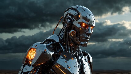 A menacing robot standing against a backdrop of destroyed cities, with crumbling buildings and smoke rising into a dark sky