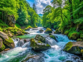 Majestic Water Rapids Cascading Over Rocks in a Lush Green Forest Under Bright Blue Sky