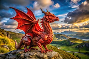 Majestic Welsh Red Dragon Symbolizing Heritage and Power Against a Dramatic Landscape Background