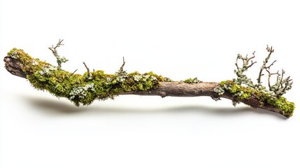 A close-up of a moss-covered tree branch isolated on a white background.