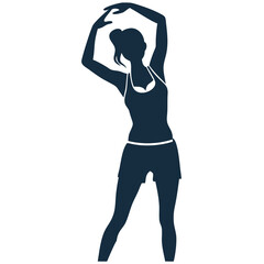 Vector image on transparent background of a silhouette of a single woman standing with arms raised above the head, stretching