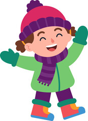 A young girl wearing a green jacket and purple scarf is smiling and waving