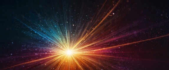 Naklejka premium Cosmic Radiance: A vibrant burst of light explodes across a dark, star-studded expanse, creating a mesmerizing display of color and energy. Perfect for science fiction, fantasy.