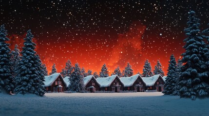 Fototapeta premium Charming winter landscape featuring cozy cabins surrounded by snow and evergreen trees under a starry sky with a vibrant orange glow.