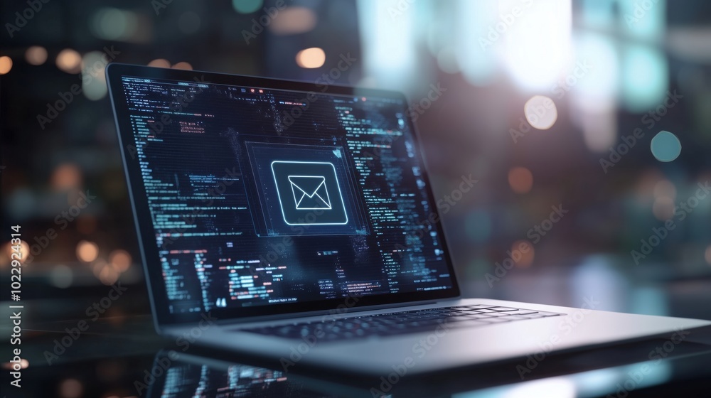 Poster laptop displaying email interface with code background and blurred lights