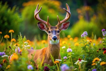 Fototapeta premium Majestic Whitetail Deer in Natural Habitat Surrounded by Lush Greenery and Vibrant Wildflowers