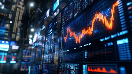 Fototapeta premium A futuristic digital interface displaying dynamic financial data with a prominent upward trend line.