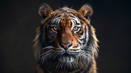 Close-up of a tiger's magnificent face, showcasing intricate stripes and a powerful presence. AI Generated