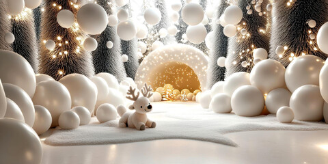 Baby s play corner with Christmas decorations and plush reindeer, 3D illustration