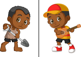 World Day Against Child Labor Concept With Child. Kids working on one side and on another side kids playing guitar