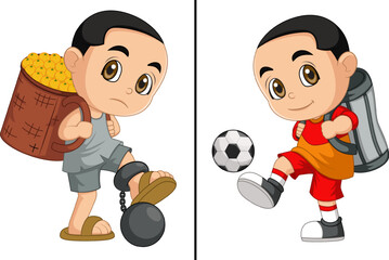 World Day Against Child Labor Concept With Child. Kids working on one side and on another side kids going to playing soccer