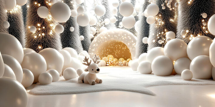 Baby s play corner with Christmas decorations and plush reindeer, 3D illustration