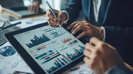 A business meeting focused on data analysis, featuring hands using a tablet to examine charts and graphs.