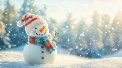 Fototapeta premium Festive snowman in red hat and scarf, a charming symbol of winter wonderland