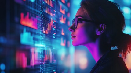 A focused woman analyzes digital data visuals on a screen, illuminated by vibrant colors, embodying themes of technology and insight.