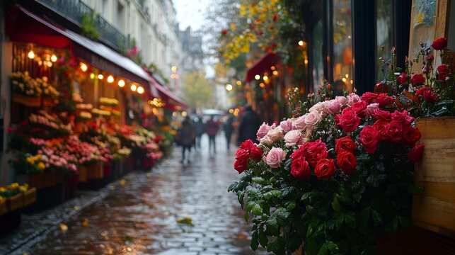 A cobblestone street in Paris with a flower shop and people walking in the rain, with a focus on a bouquet of red and pink roses in the foreground.
