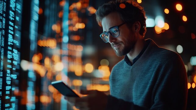 A man in a sweater checks his smartphone against a backdrop of glowing data streams and city lights, immersed in a digital environment.