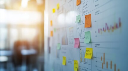 Colorful sticky notes adorn a whiteboard, embracing organization and idea generation