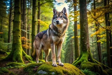 Majestic wolfdog standing proudly in a forest setting, showcasing its striking features and beauty
