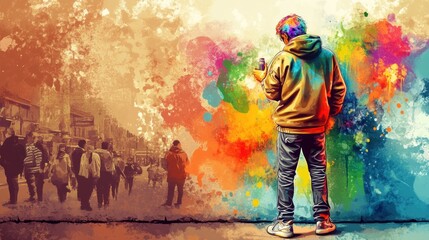 Obraz premium A colorful artistic depiction of a person observing a vibrant street scene.