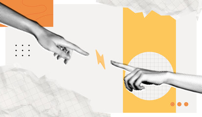 Trendy Halftone Collage Two hands pointing to lightning bolt. Power of teamwork. Digital contemporary art. SEO marketing concept. Business idea. Vector retro pop art illustration
