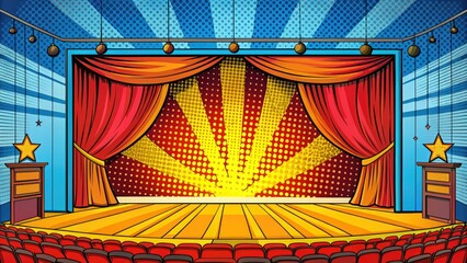 Fototapeta premium Vibrant and dynamic comic pop art theatre stage illustration, perfect for creative projects, bursting with energy and color, ideal for capturing audience attention and imagination.