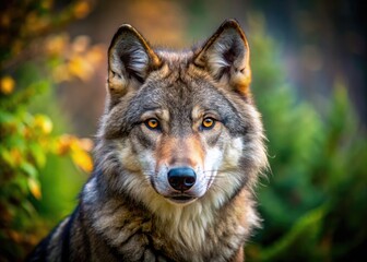 Fototapeta premium Majestic Wolf Front Face Captured in Stunning Detail Against a Natural Wilderness Background