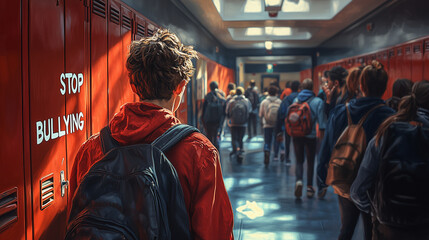 A crowded hallway where a student is being pushed, but "STOP BULLYING" is painted boldly on the lockers behind them.