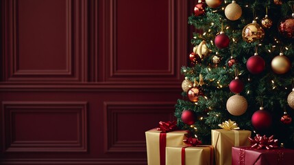 Festively decorated Christmas tree adorned with colorful ornaments, surrounded by beautifully wrapped gift boxes against a rich red background.