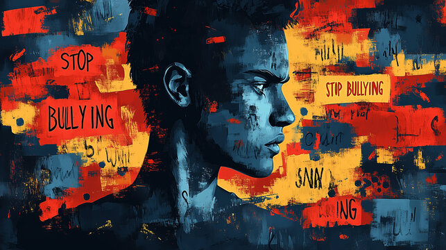 A figure standing tall while hurtful words break apart around them, with "STOP BULLYING" in strong, defiant letters.