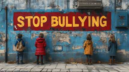 A schoolyard scene where one child is excluded, but "STOP BULLYING" is painted boldly on a nearby wall.