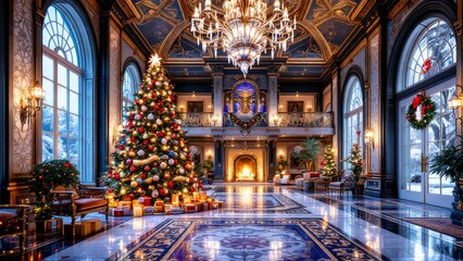 Obraz premium Luxurious holiday mansion adorned with a grand Christmas tree, twinkling lights, and elegant decor, exuding a warm, festive ambiance.