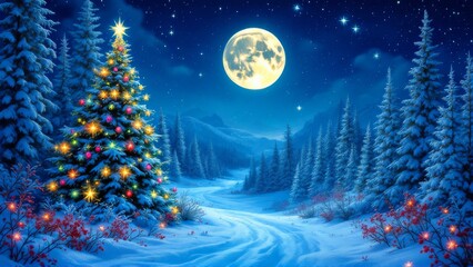 Naklejka premium A magical winter night scene with a decorated Christmas tree under a full moon and starry sky, set in a snowy forest landscape.
