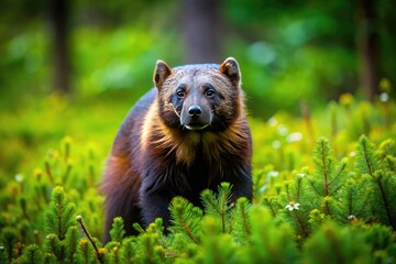 Fototapeta premium Majestic Wolverine Roaming Through Lush Wilderness in a Natural Habitat Captured in Stunning Detail