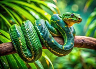 Fototapeta premium Majestic World Long Snake Coiled on a Branch in a Lush Green Forest Surrounded by Nature's Beauty
