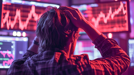 Young stressed and sad trader or investor lose money in stock market or crypto market .