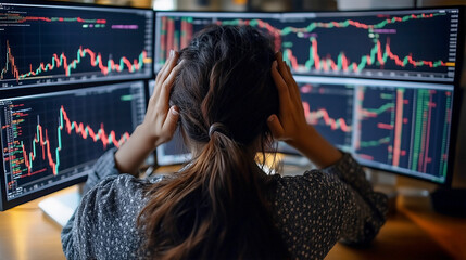 Fototapeta premium Young stressed and sad trader or investor lose money in stock market or crypto market .