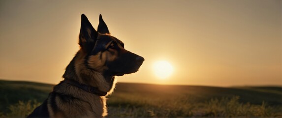 American alsatian Canis lupus dog with sunset in background. Highly detailed and realistic ultrawaide 21:9 rewsolution illustration