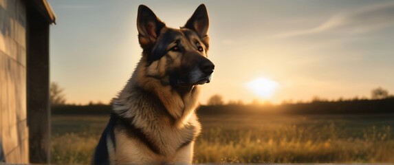 American alsatian Canis lupus dog with sunset in background. Highly detailed and realistic ultrawaide 21:9 rewsolution illustration