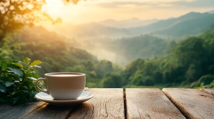 A cup of coffee sits on a wooden table with a mountain range in the background, as the sun rises over the misty hills.