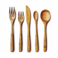 Bamboo cutlery set on a white background