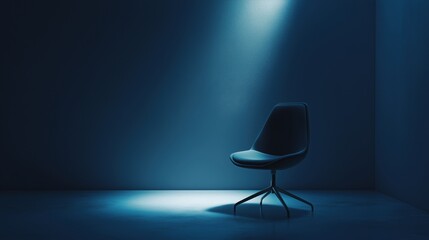 Isolated chair in dark room with blue lighting, modern design, minimalist aesthetic
