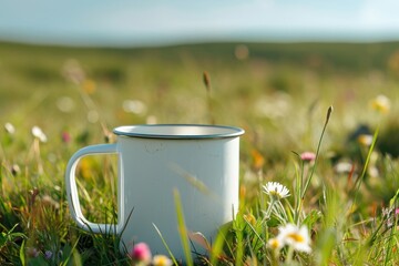 Obraz premium Camping mug nature flower field.