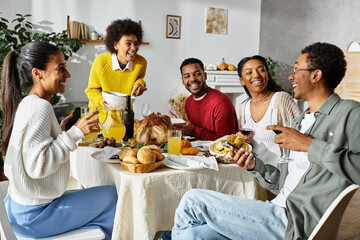 A lively Thanksgiving gathering at home as friends share a festive meal and create memories.