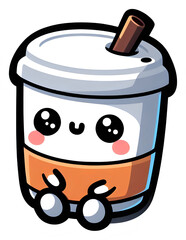 Cute cartoon coffee cup with adorable kawaii face and straw