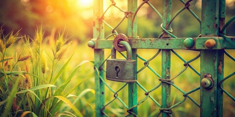 Weathered green metal fence lock adorned in pastel hues, perfect for evoking a nostalgic aesthetic in photography, bringing vintage charm and timeless beauty to life.