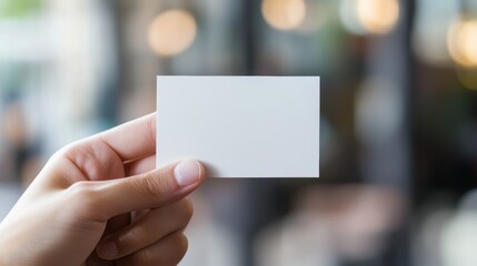 Closeup of a hand holding blank white business card, perfect mockup for your brand