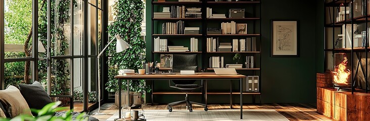 Stylish home office featuring a spacious desk, bookshelves, and large floor-to-ceiling window overlooking a lush green garden.